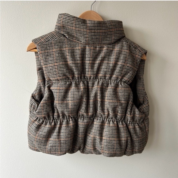 H&M Cropped Checkered Puffer Vest Brown Beige Orange Small - Picture 3 of 5